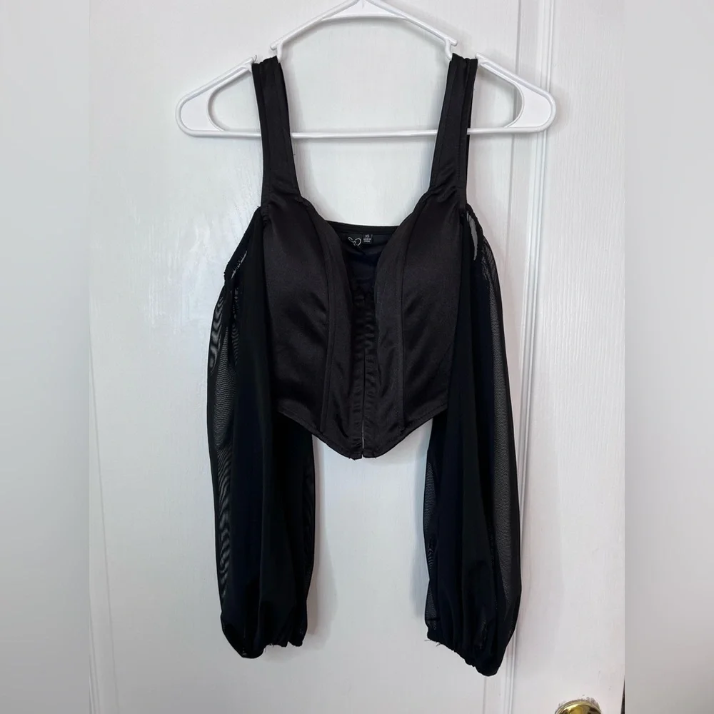 Windsor Black Satin Corset with Sheer Sleeves top size XS